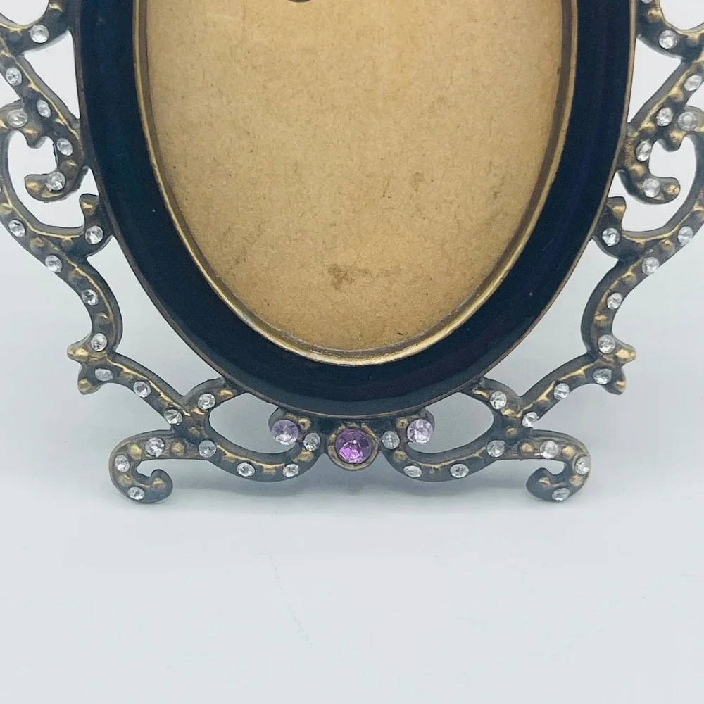 Vintage Style Ornate Oval Picture Frame Purple Enamel Rhinestone Gold Tone 3x2